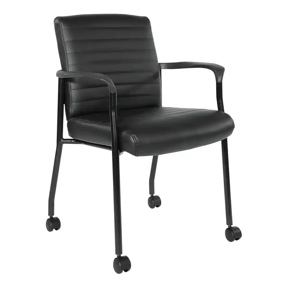 Work Smart Guest Chair with Casters in Black Faux Leather and Black frame - FL38640-U6